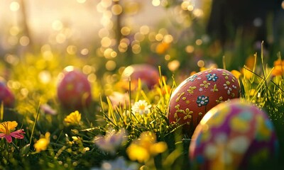 art Colorful Easter eggs decorated with flowers in the grass - Powered by Adobe