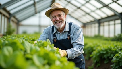 Smiling Senior Farmer in a Modern Greenhouse