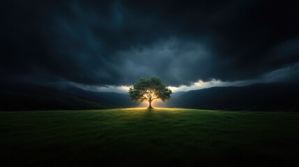 Solitary tree bathed in golden light, a dramatic landscape under stormy skies