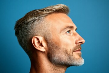 Obraz premium A man with a soft expression in a peaceful setting. Artwork of style for aging men. Trendy men's classic long sweep haircut - midlife white man with blond hair. Blue solid background.