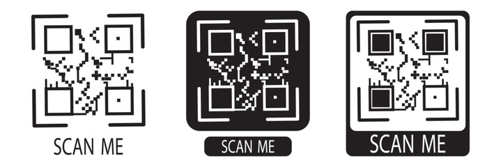 Set of QR codes and Scan me inscription with phone. QR code for payment, e-wallet, web, mobile app. Inscription scan me. Barcode scan for smartphone. Mobile payment and identity.
