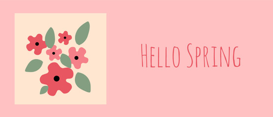 Spring season editable greeting card. Vintage spring set of cute posters in pink background. Hand drawn frames with lovely flowers, leaves and floral vector template for holiday cover and banner.