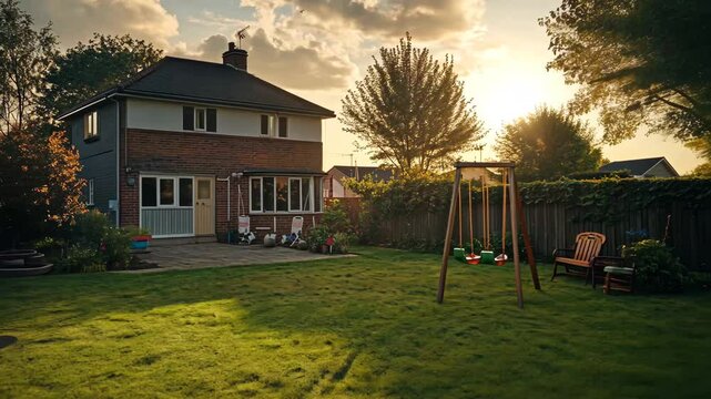 A house with a large backyard and a swing set. The house is surrounded by trees and bushes