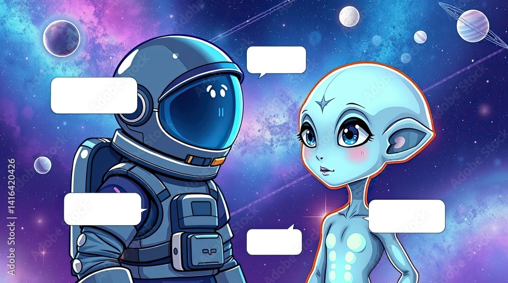 Poster brightly colored alien and astronaut characters converse in a vibrant galaxy background filled with 