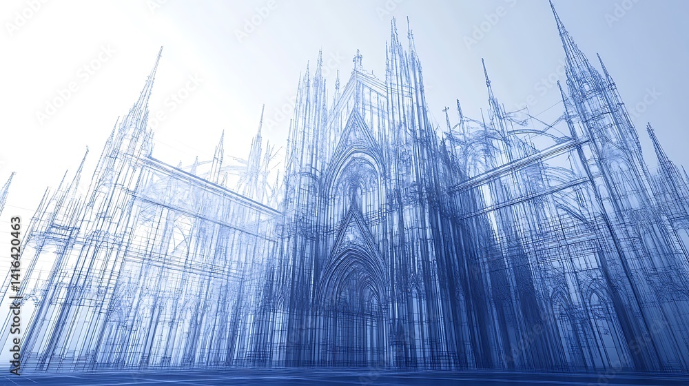 Poster cathedral architecture blueprint with intricate line detail