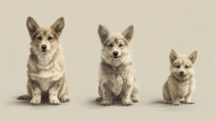 Detailed Colored Pencil Drawing of Three Pembroke Welsh Corgis of Different Sizes Sitting Together Against a Soft Light Beige Background