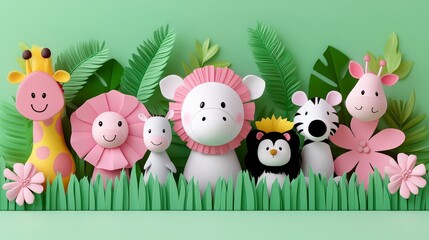 Adorable handcrafted paper animals in a lush green jungle with a playful pastel palette perfect for children's illustrations or creative project materials