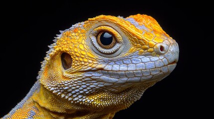 Obraz premium Detailed close-up showcasing a vibrant yellow lizard with intricate scale patterns and striking eye, set against a contrasting black background wildlife