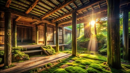 Fototapeta premium Serene Wooden Pavilion Bathed in Golden Sunlight, Moss-Covered Pathways and Tranquil Garden Setting