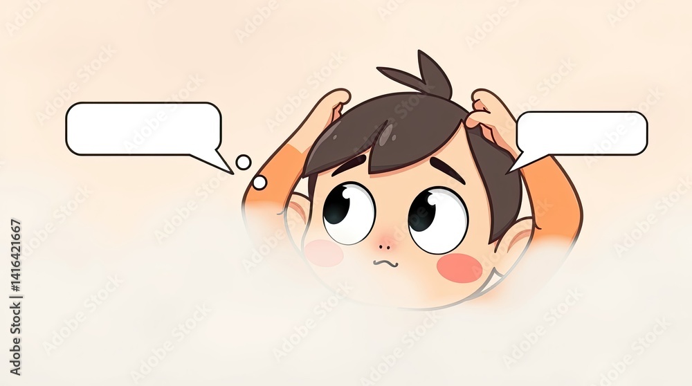 Poster a young child appears puzzled touching their head in a cartoon design. blank speech bubbles suggest 