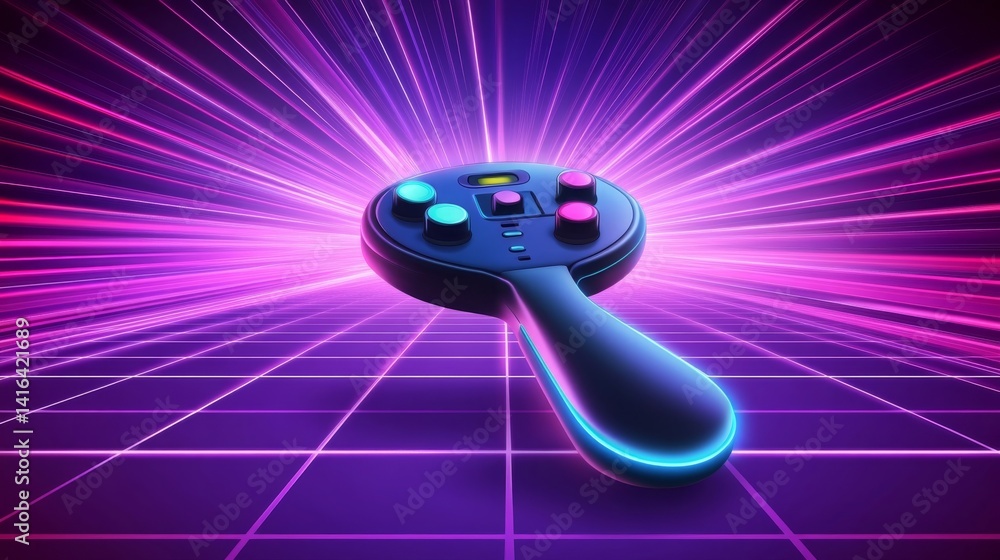 Poster retro gaming controller in a neon synthwave grid