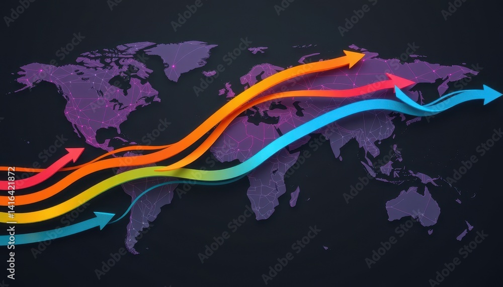 Poster world map with colorful arrows indicating movement and direction.