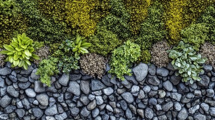 Vertical Garden with Varied Plants and Stone Wall, Lush Greenery design