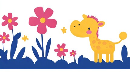 Obraz premium Illustrative baby giraffe amid whimsical pink blossoms against a deep blue grassy knoll cheerful and bright creating an adorable and endearing wildlife theme