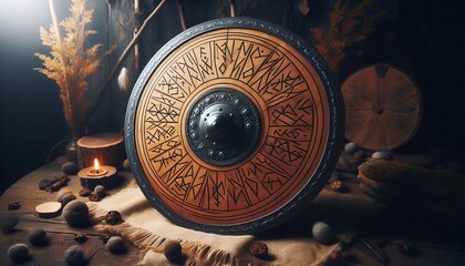 Nordic shield a round oak disc rimmed with metal runes standing