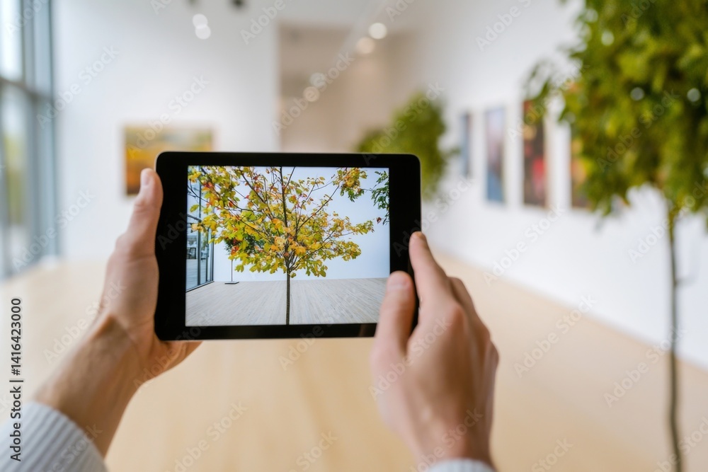 Poster interactive virtual tour guide using a tablet to showcase an art gallery, clean neutral setting with