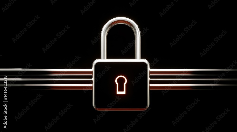 Poster glowing red light emanating from a secure lock, security breach or access denied