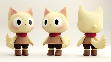 Obraz premium Adorable 3D Render of a Cute Cartoon Cat, Wearing a Scarf and Boots, Posing in Three Views