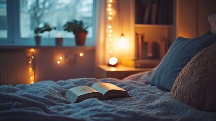 Cozy Nighttime Reading: A Book on a Bedside with Warm Lights