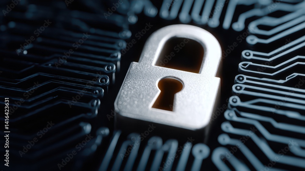 Poster digital security, padlock securing circuit board symbolizing data protection and privacy in the age
