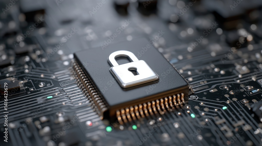 Poster digital security symbolized, padlock protecting sensitive data on circuit board
