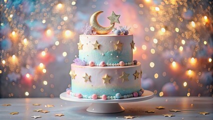 A dreamy pastel two-tiered cake adorned with golden stars and a crescent moon, perfectly presented on a cake stand against a bokeh backdrop of twinkling lights.