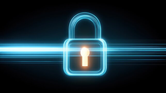 Cybersecurity symbolized, glowing blue padlock illuminates data protection in the digital age