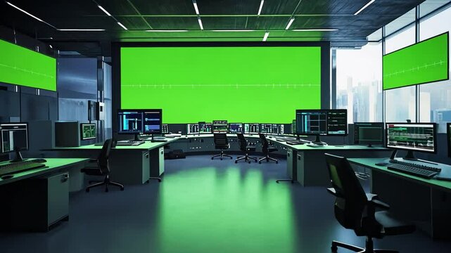 Futuristic Command Center with Green Screens for Visual Effects Compositing