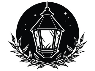 This vintage vector art design features a bird perched near a lantern resembling a tree, a unique home decoration symbol with ribbon banner potential