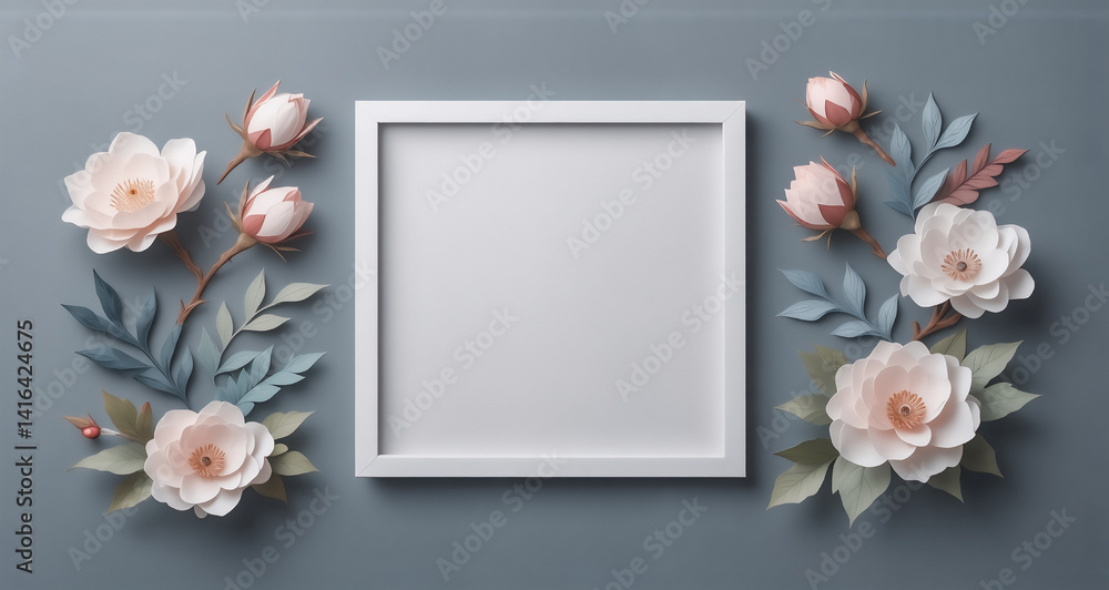 Aufkleber a square white frame is at the center, surrounded by paper-crafted flowers and foliage, arranged bea