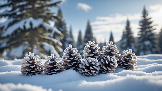 Pine cone on snow in winter forest