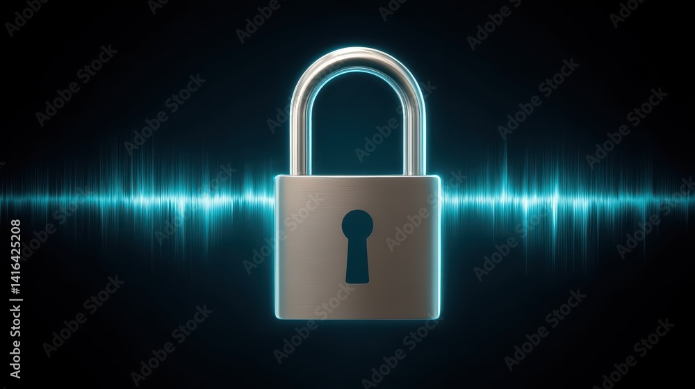 Poster intricate sound waves interacting with a secure lock, fusion of audio and security technology
