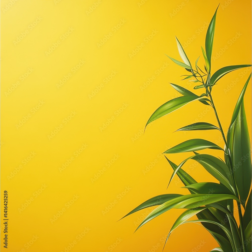 Poster vibrant green flora elegantly positioned on a sunny yellow background, perfect for adding your custo