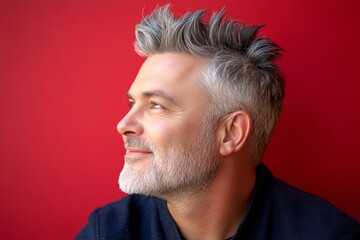 Obraz premium Concept graphic art of style for aging men. A trendy man showcasing a fashionable hairstyle. Modish men's colored edgy haircut - midlife white man with grey hair. Red solid background.