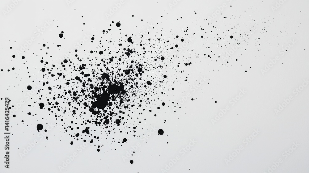 Poster a dynamic black ink splash on a white background, creating a striking contrast and abstract visual e