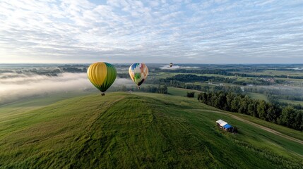 Fototapeta premium Serene landscape tranquil green field meeting calm water under clear sky