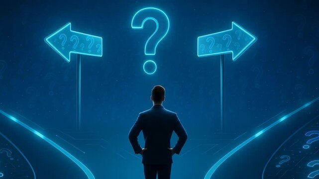 Decision Making Concept with Man Standing Between Two Arrows and Question Mark on Digital Background

