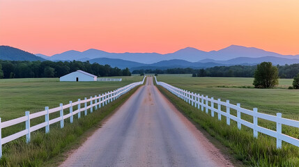 Fototapeta premium Country road sunset landscape peaceful mountain scenery tranquil nature photography