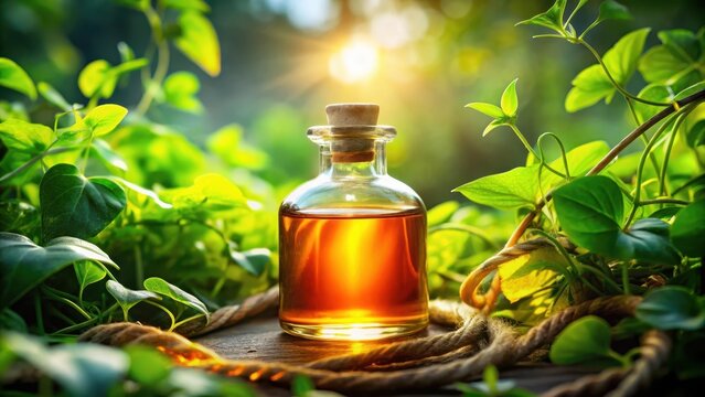 Golden elixir in a glass bottle nestled amongst vibrant green foliage, bathed in the warm glow of sunlight.