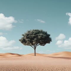 Fototapeta premium Lone tree in desert landscape under a pale sky