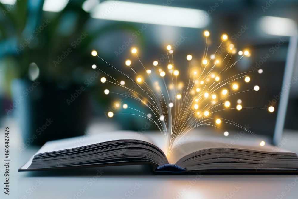 Aufkleber strategic insights visualized through an open book with key ideas highlighted and a laptop on a desk