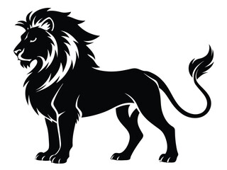 A wild animal vector illustration features a black silhouette of a wild lion