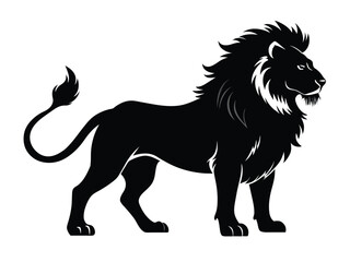 A black vector silhouette of a dog runs like a wild animal near a vector image of a lion, a majestic mammal with a flowing mane, in this nature-inspired illustration