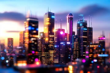 Obraz premium Futuristic cityscape integrated with blockchain graphics, highlighting the impact of decentralized networks on urban life in a clean, editorial style