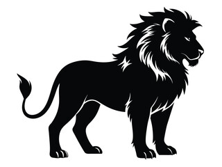 A black and white vector illustration shows an isolated wild lion and a running horse silhouette