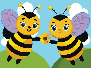 A cute yellow cartoon bee, a happy flying insect, carries sweet honey from a flower