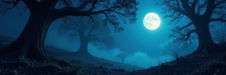 Mysterious forest under moonlight with gnarled tree branches , trees, night