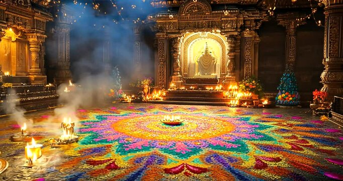 Colorful Rangoli Design in a Temple with Statues