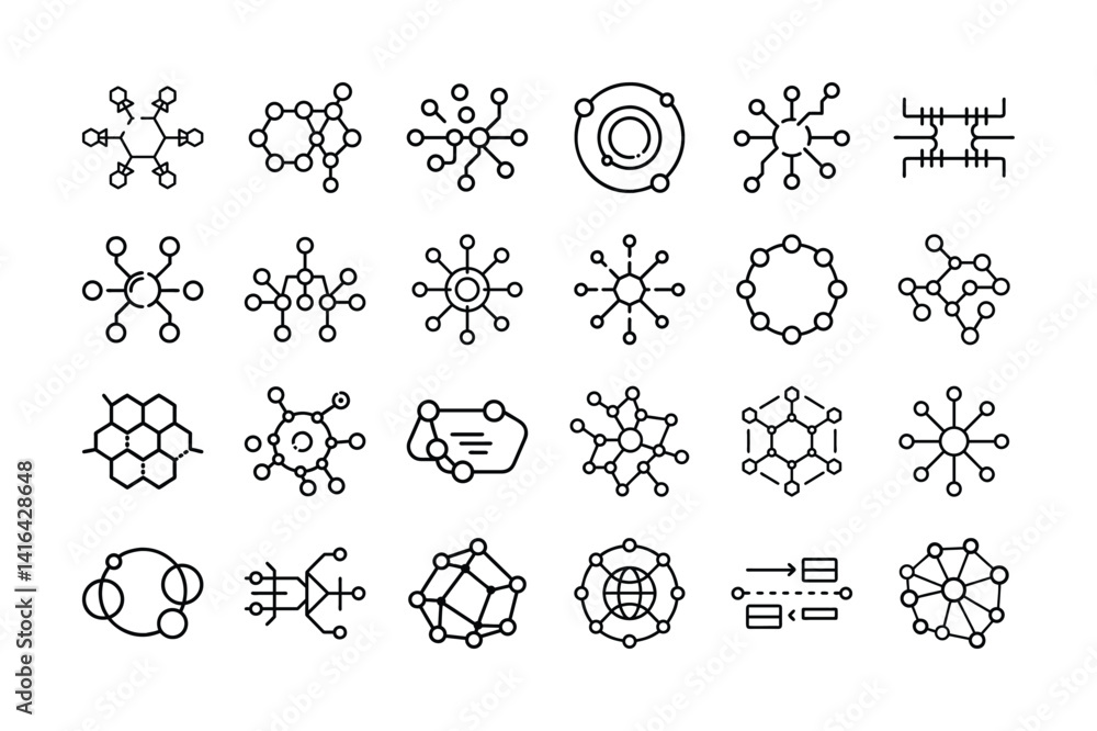 Poster molecule network & data structure icons set – 25 science & tech line vectors