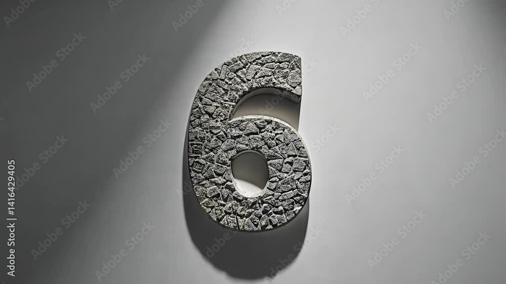 Poster rotating video of the digit 6 carved from shadowed stone against minimalist gray background with bac
